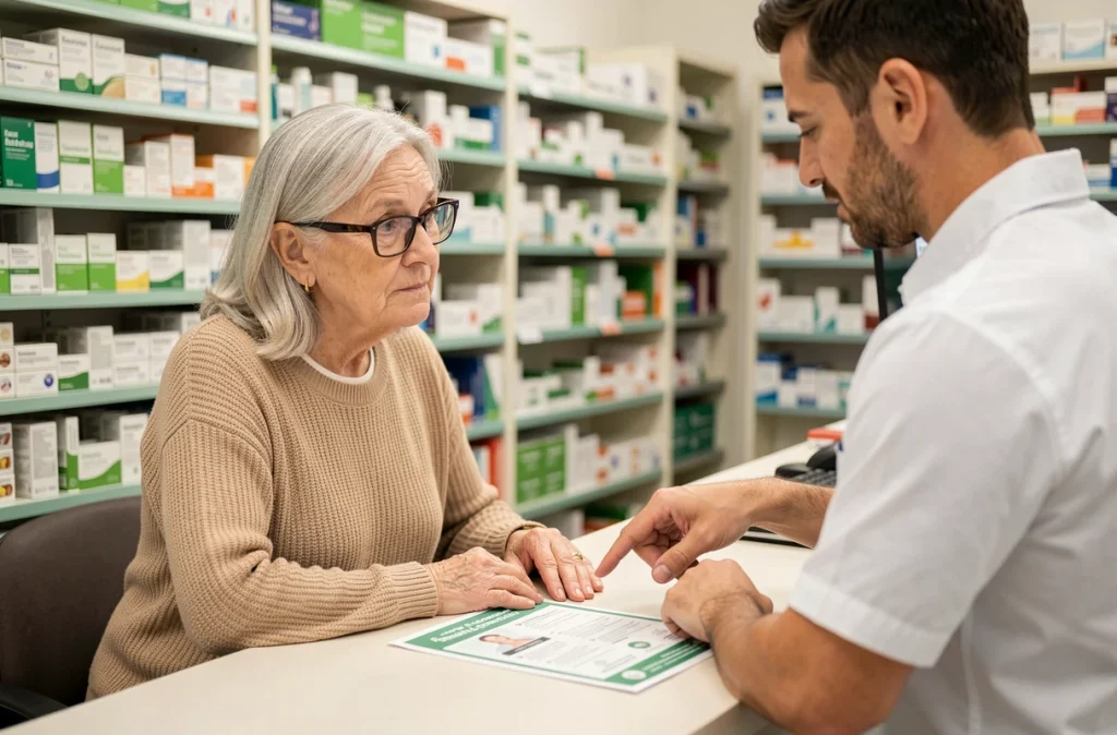 Femme senior recevant des conseils de dépistage santé auprès d'un pharmacien en officine
