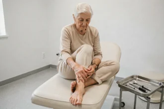 Femme âgée assise dans un cabinet de podologie pour un soin préventif des durillons et cors aux pieds