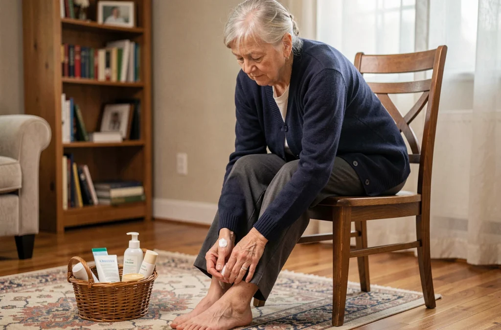 Femme âgée appliquant une crème hydratante sur ses pieds à domicile pour prévenir les cors et callosités