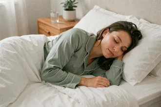 Femme endormie paisiblement dans un lit confortable avec des draps blancs, illustrant l'importance du sommeil dans un programme minceur