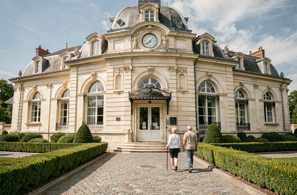 Façade d'une station thermale française de style Belle Époque avec des curistes se dirigeant vers l'entrée du centre de soins rhumatologie