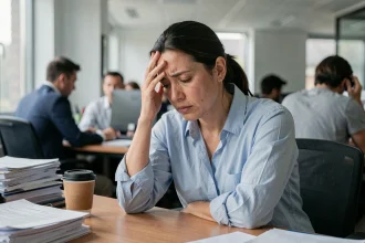 Femme stressée au bureau tenant sa tête dans ses mains, illustrant le lien entre stress chronique au travail et prise de poids