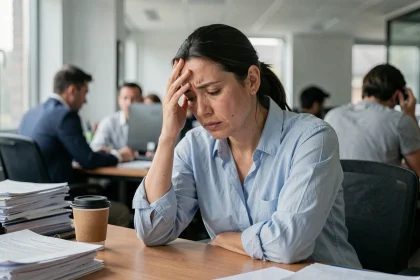 Femme stressée au bureau tenant sa tête dans ses mains, illustrant le lien entre stress chronique au travail et prise de poids