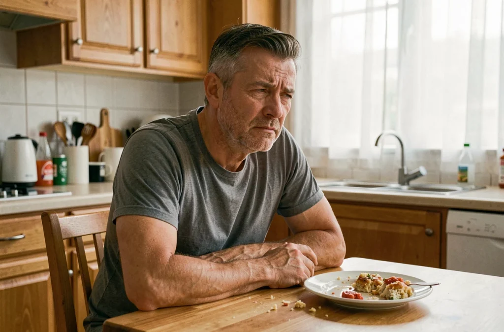 Homme fatigué assis à une table de cuisine après un repas, illustrant les troubles digestifs et la fatigue liés à la maladie de Crohn