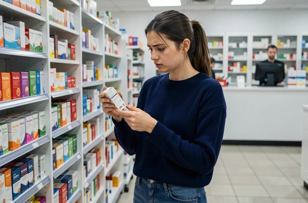 Jeune femme lisant une notice médicale en pharmacie, cherchant des informations sur les traitements des symptômes de la maladie de Crohn