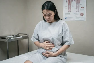 Femme assise sur une table d'examen médical, les mains sur l'abdomen, exprimant une douleur intestinale discrète évocatrice de la maladie de Crohn