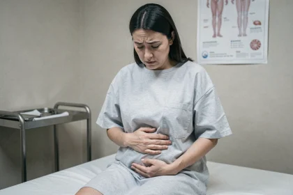 Femme assise sur une table d'examen médical, les mains sur l'abdomen, exprimant une douleur intestinale discrète évocatrice de la maladie de Crohn