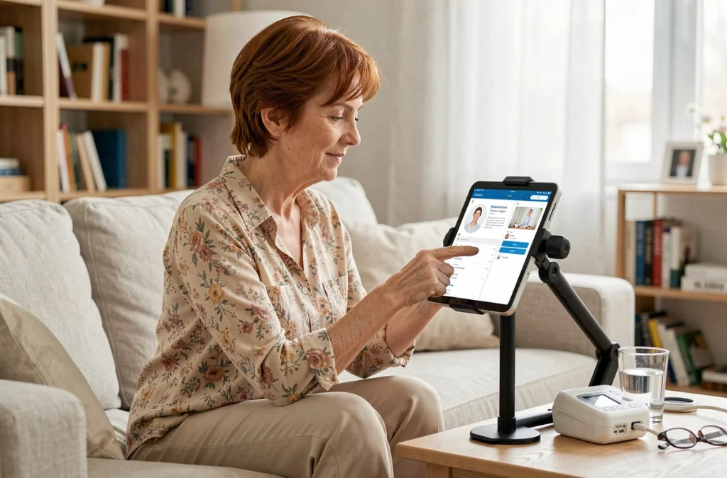 Une femme senior utilisant une application de télésanté sur tablette dans son salon, accompagnée d'un tensiomètre, pour assurer un suivi médical à domicile et préserver son autonomie