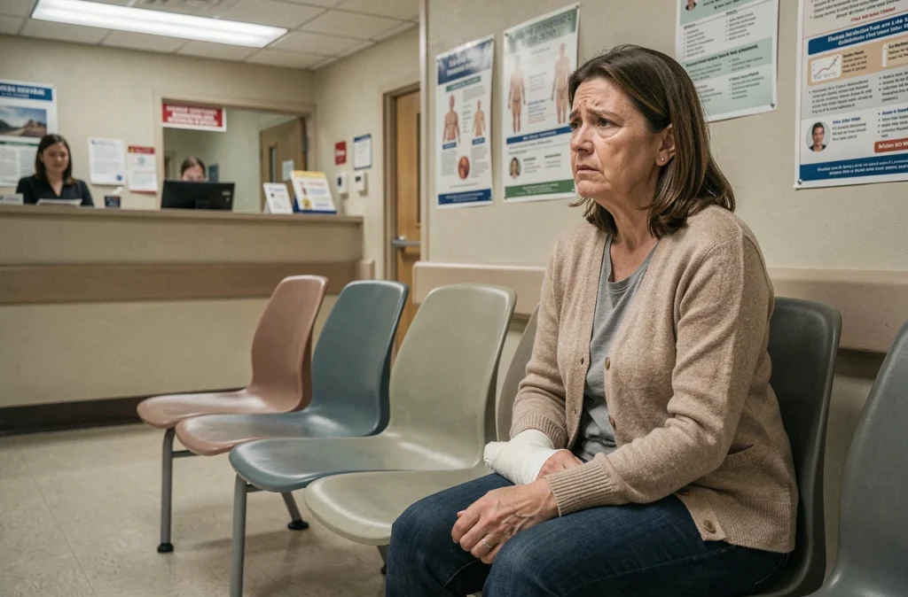 Femme inquiète aux urgences avec un pansement sur l'avant-bras suite à une complication de plaie chirurgicale
