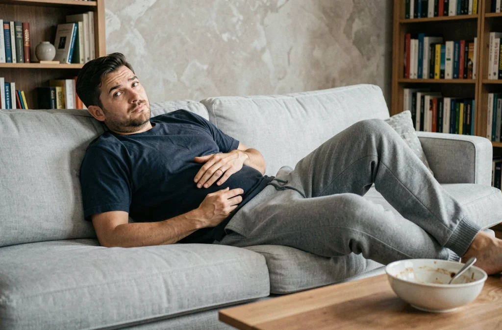 Homme allongé sur un canapé gris tenant son ventre après un repas avec une expression de gêne digestive