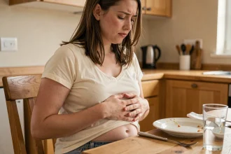 Jeune femme tenant son ventre avec les deux mains après un repas, assise à une table en bois dans une cuisine chaleureuse