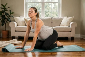 Femme enceinte pratiquant le yoga prénatal sur un tapis dans son salon, activité physique douce pendant la grossesse