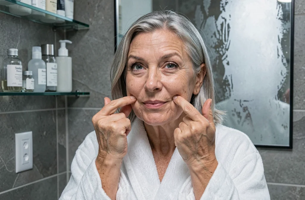 Femme mature aux cheveux argentés réalisant des exercices de yoga du visage devant un miroir de salle de bain pour raffermir sa peau naturellement