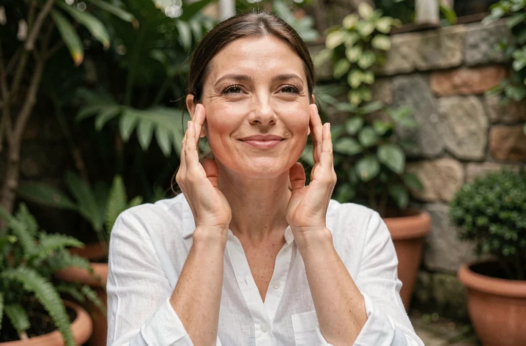 Femme pratiquant des exercices de yoga du visage dans un jardin verdoyant pour améliorer la tonicité naturelle de sa peau