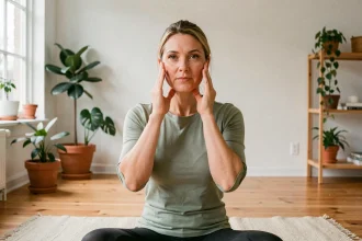 Femme pratiquant le yoga du visage sur un tapis de yoga en lin dans un salon minimaliste scandinave pour tonifier naturellement sa peau