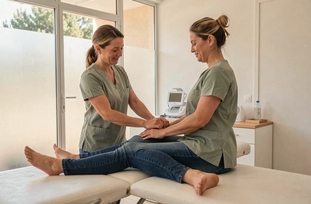 Angélique Horvéno, kinésithérapeute à Grabels, accompagnant un patient en rééducation du genou