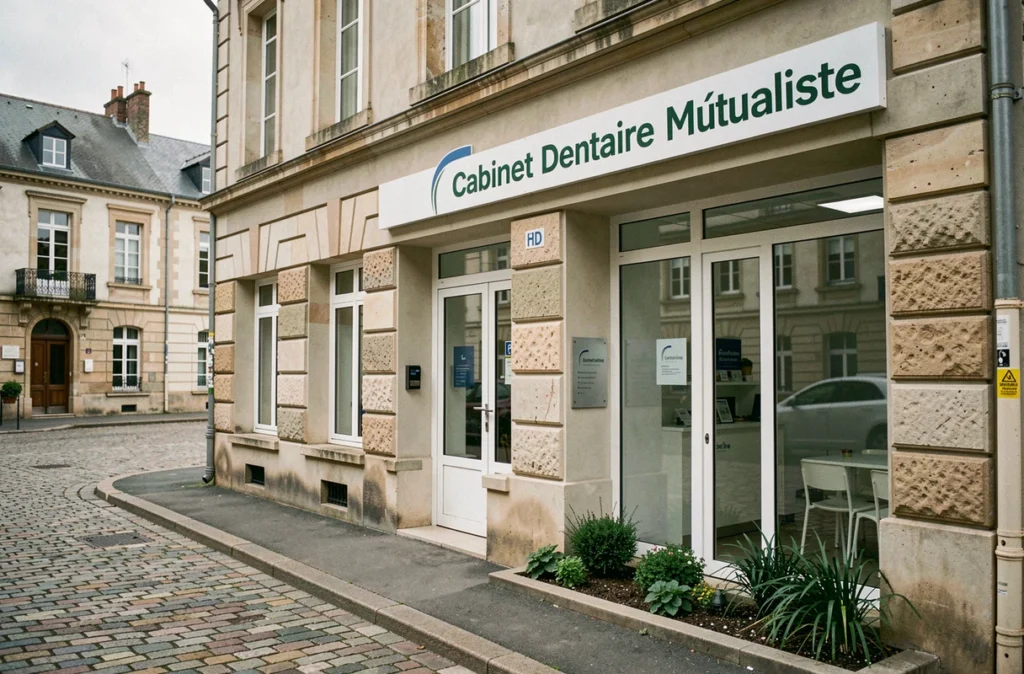 Façade du Cabinet Dentaire Mutualiste à Charleville-Mézières avec entrée vitrée et signalétique professionnelle