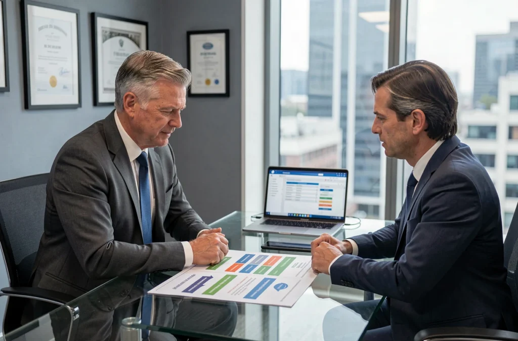 Chef d'entreprise comparant des offres d'assurance multirisque professionnelle avec un conseiller