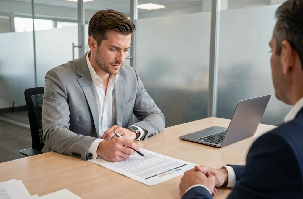 Conseiller financier expliquant les exclusions d'un contrat d'assurance à un client dans une agence bancaire