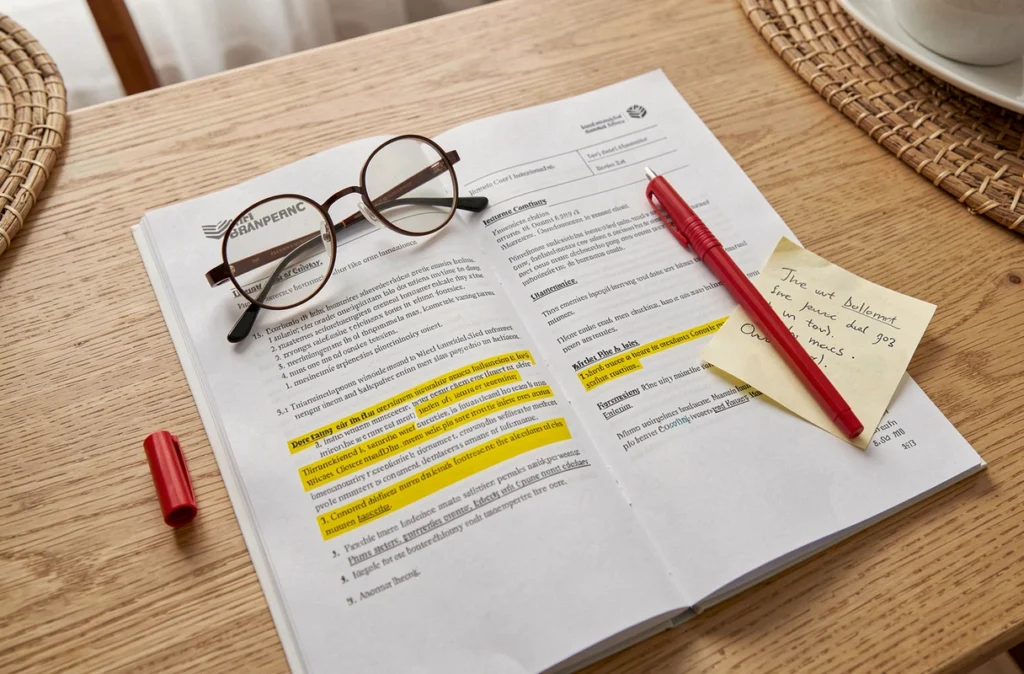 Vue aérienne d'un contrat d'assurance emprunteur annoté avec des clauses d'exclusion surlignées et des notes manuscrites