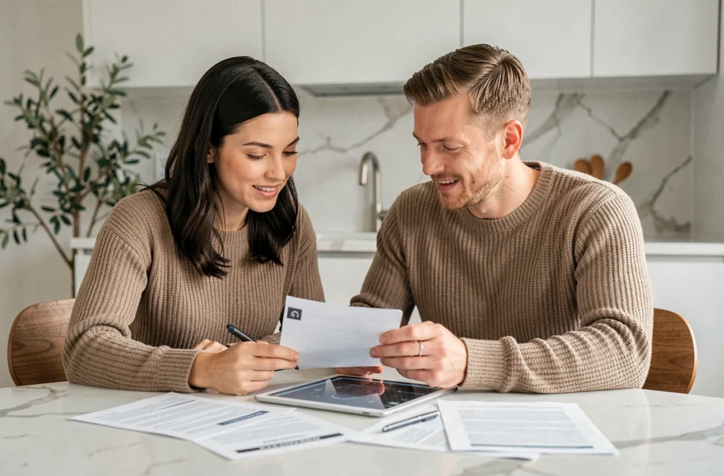 Couple en train d'étudier une offre d'assurance de prêt immobilier ensemble