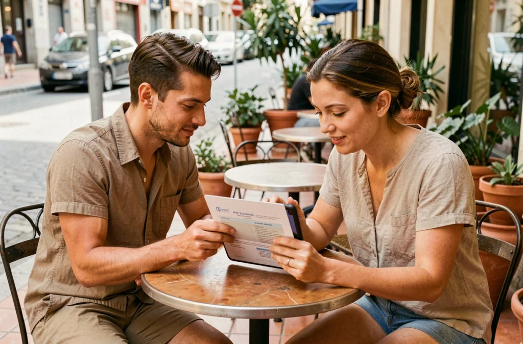 Couple consultant une attestation d'assurance voyage sur tablette dans un café en terrasse