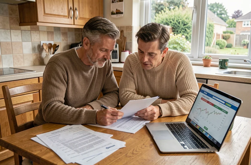 Un couple compare des offres d'assurance emprunteur à la maison, illustrant la possibilité de choisir librement son assurance de prêt grâce à la loi Lagarde