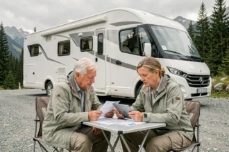 Couple de campeurs comparant des offres d'assurance camping-car à l'extérieur de leur véhicule en montagne