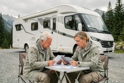 Couple de campeurs comparant des offres d'assurance camping-car à l'extérieur de leur véhicule en montagne