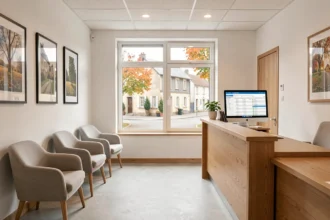 Salle d'attente d'un cabinet dentaire moderne dans les Ardennes avec mobilier en bois et vue sur une rue française