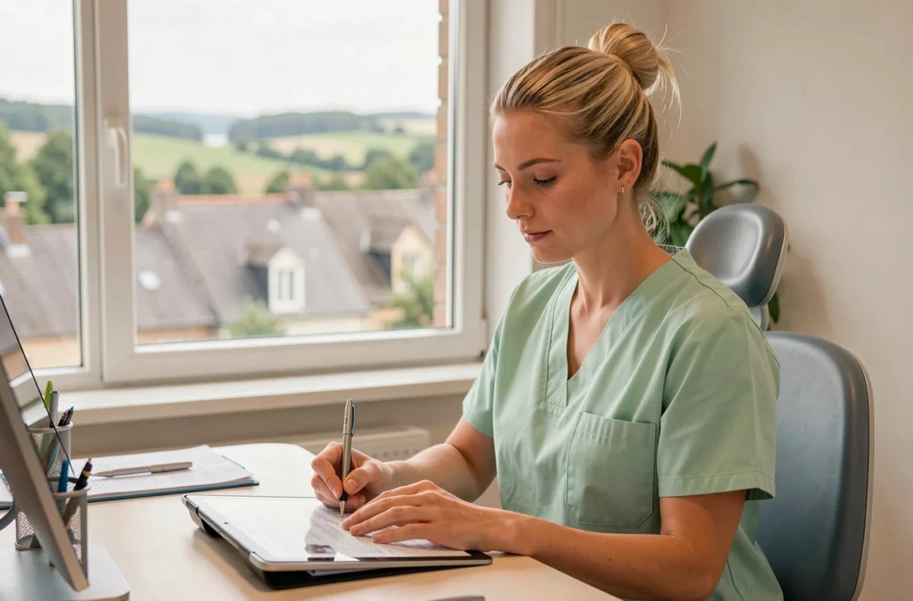 Dentiste femme consultant des dossiers patients dans son cabinet à Flize avec vue sur la vallée de la Meuse