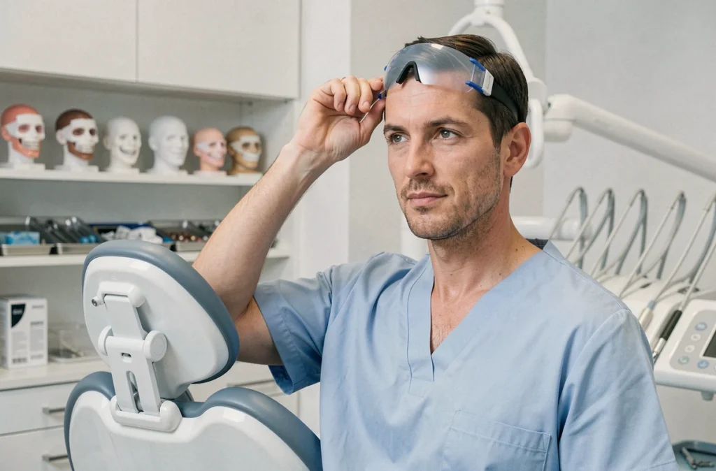 Dentiste homme en tenue de travail bleue dans son cabinet dentaire à Charleville-Mézières