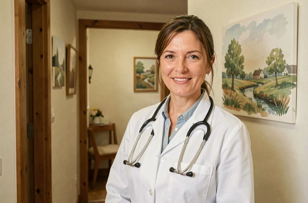 Dentiste femme dans le couloir d'entrée de son cabinet à Le Chesne dans les Ardennes