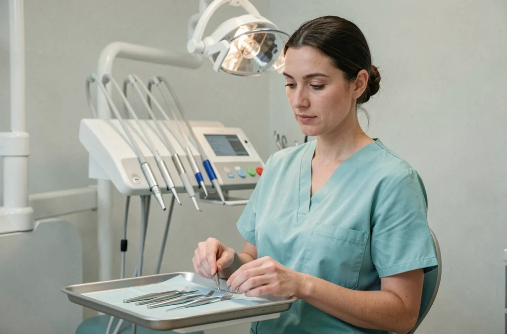 Dentiste femme préparant ses instruments dans son cabinet dentaire à Liart dans les Ardennes