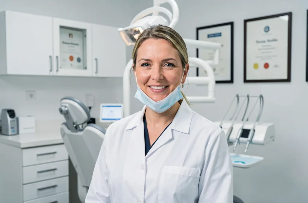 Dentiste femme en blouse blanche dans son cabinet à Charleville-Mézières, portrait professionnel