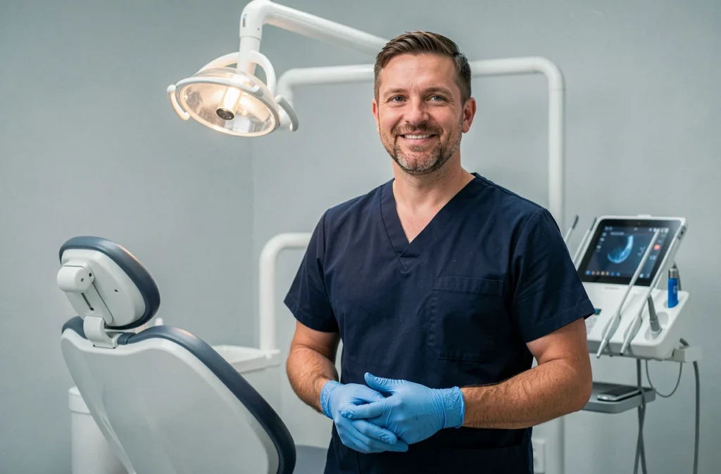 Dentiste homme en tenue chirurgicale marine dans son cabinet à Douzy dans les Ardennes
