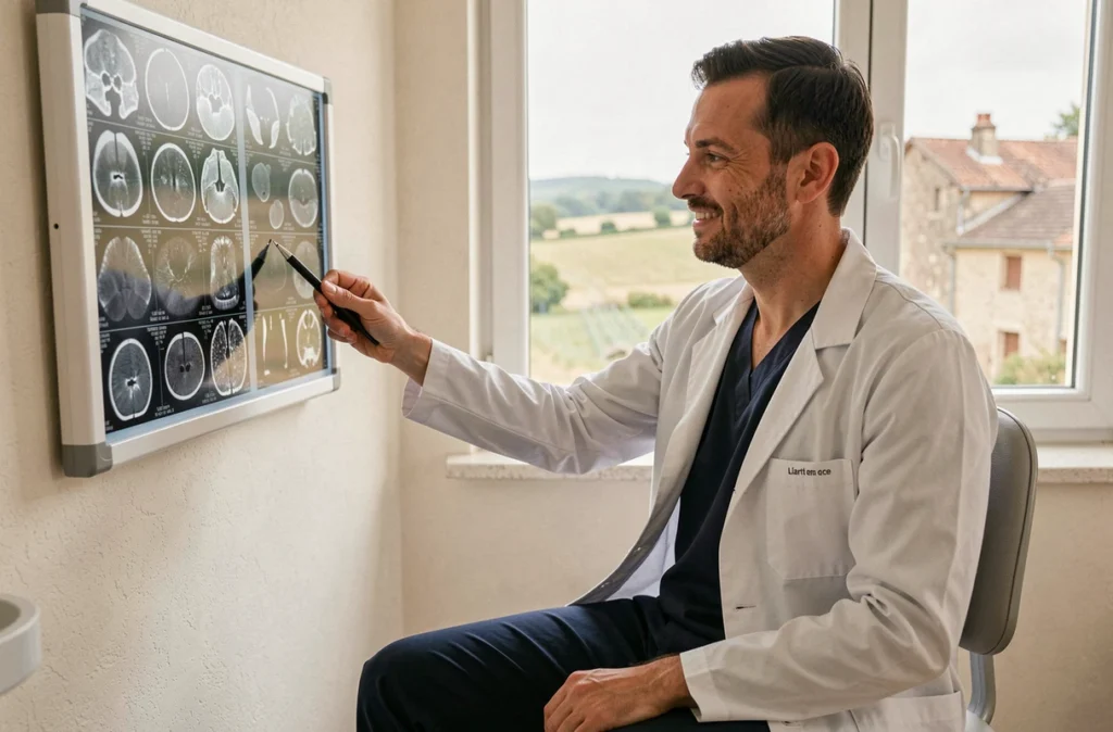 Dentiste homme consultant des radiographies dans son cabinet à Liart dans les Ardennes
