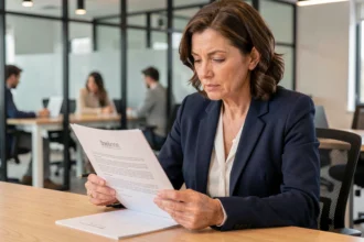 Femme d'affaires examinant un contrat d'assurance multirisque professionnelle à son bureau