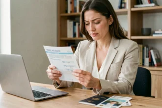 Femme tenant une attestation d'assurance voyage imprimée à son bureau avec passeport et billet d'avion