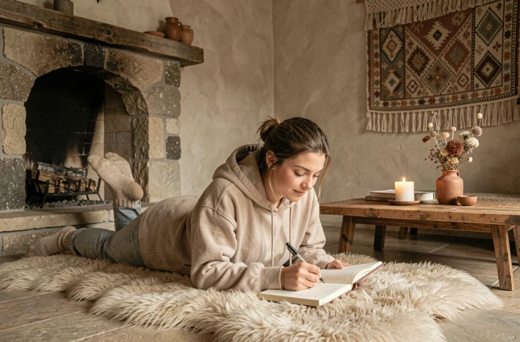 Femme allongée sur un tapis moelleux devant une cheminée, écrivant dans un journal dans un intérieur cocooning et naturel