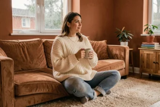 Femme confortable dans un salon cocooning avec plaid et tasse chaude, ambiance réconfortante et chaleureuse