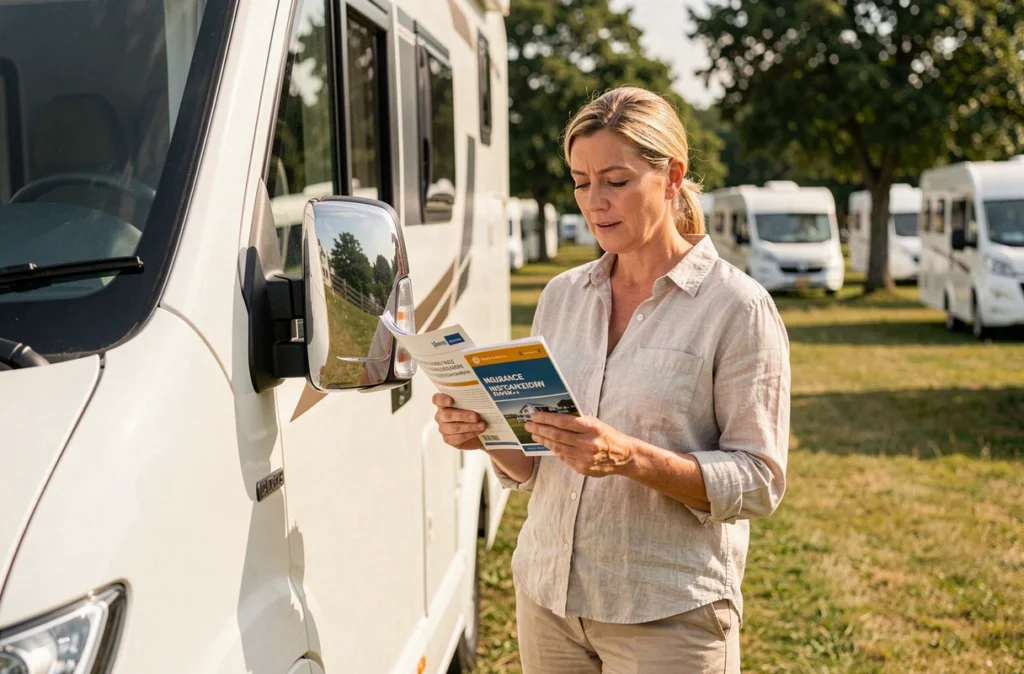 Femme comparant des brochures d'assurance camping-car debout à côté de son véhicule sur un terrain de camping