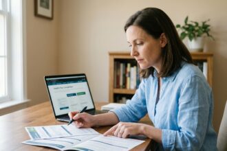 Femme comparant des devis de mutuelle santé à son bureau à domicile