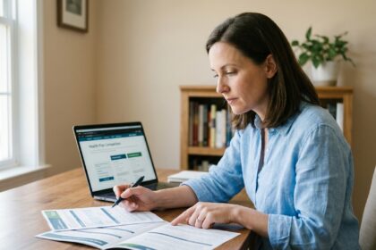 Femme comparant des devis de mutuelle santé à son bureau à domicile