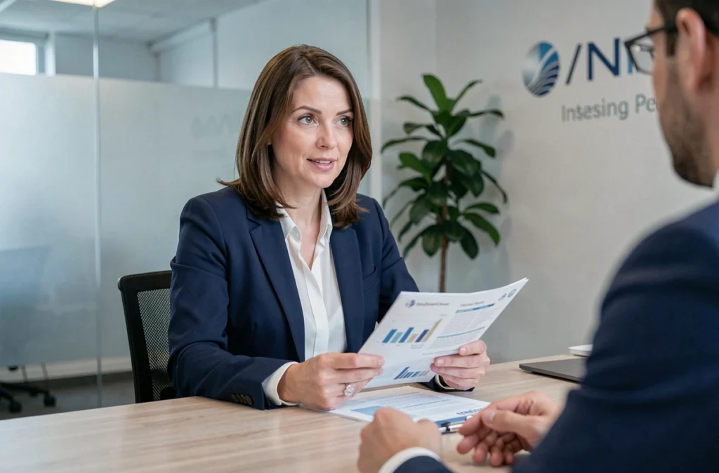 Femme consultant un conseiller en agence pour une assurance emprunteur avantageuse