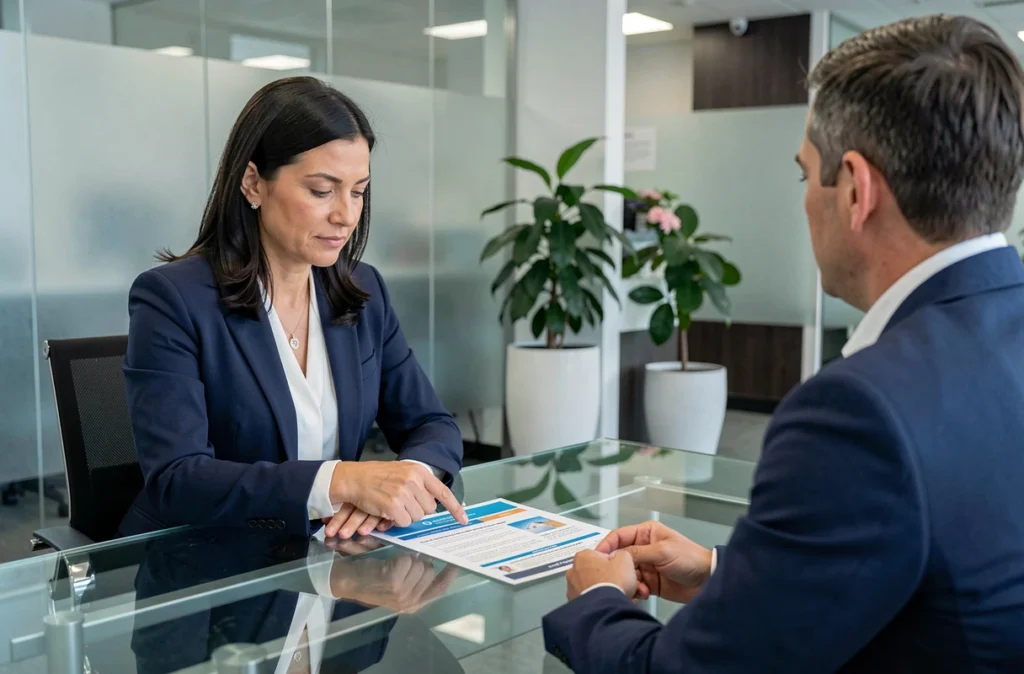 Une femme discute avec un conseiller bancaire des options d'assurance de prêt immobilier, représentant la délégation d'assurance permise par la loi Lagarde