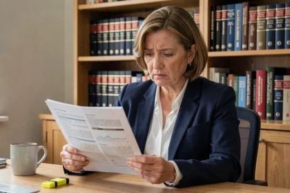 Femme lisant attentivement un contrat d'assurance emprunteur à son bureau à domicile pour repérer les exclusions cachées