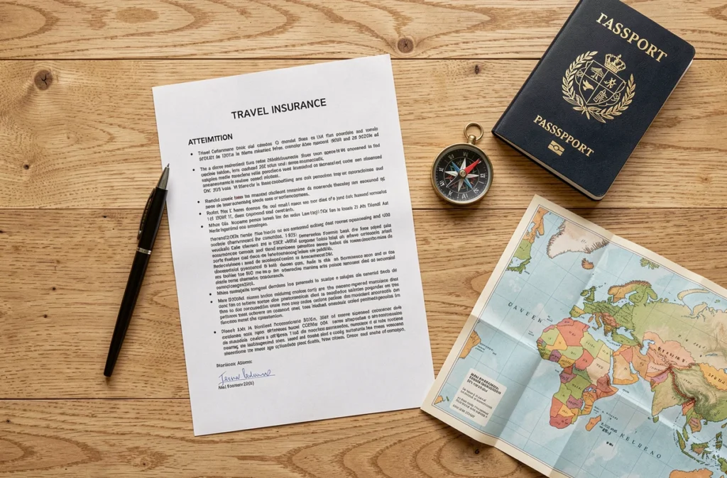 Vue de dessus d'une attestation d'assurance voyage avec passeport, stylo et carte du monde sur une table en bois