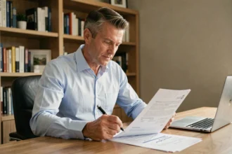 Homme consultant un contrat d'assurance emprunteur à son bureau à domicile