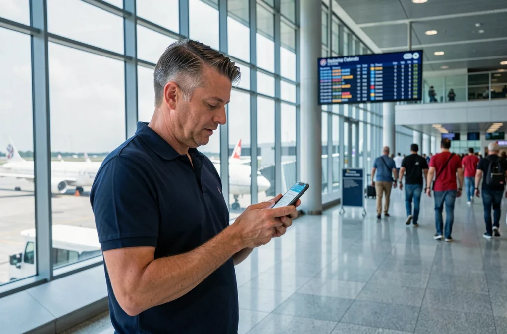 Homme consultant son attestation d'assurance voyage sur smartphone dans un aéroport